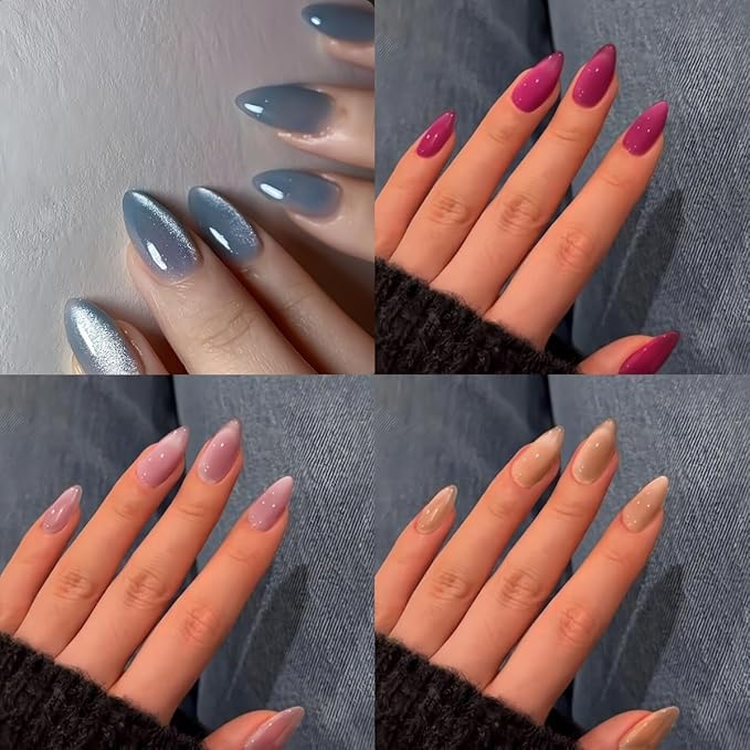 KQueenest 4 Packs Soft Gel Press On Nails Almond, Cat Eye Press On Nails Medium, Brighter Glitter Fake Nails Press Ons Stiletto, Sparkle Chrome Glue On Nails for Women Small Sizes Gift, 120 Pcs