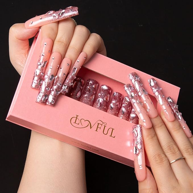 LOVFUL Press on Nails Pink Glitter | Handmade with Full Covered Crystals | Reusable Fake Nails | Square Long 2.2 in | H60-M