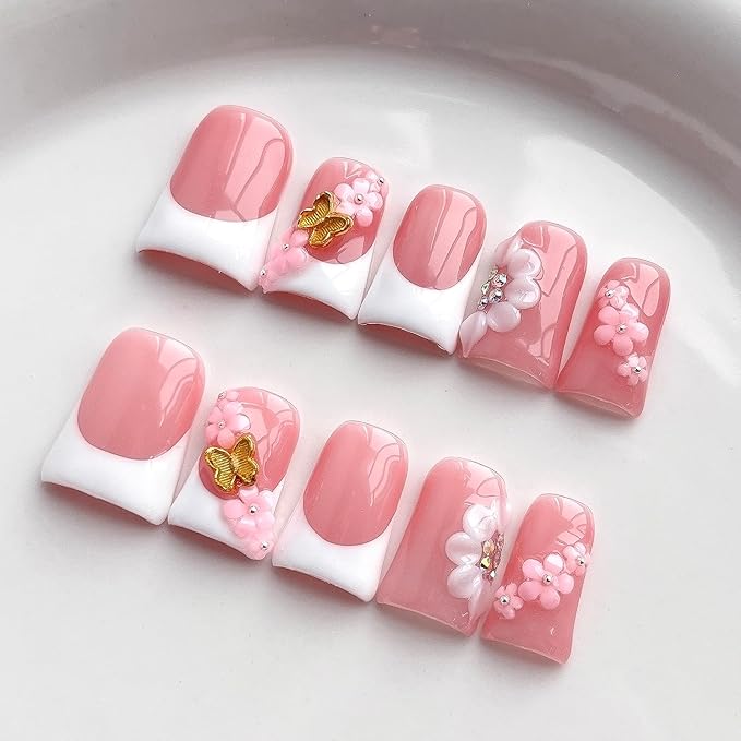 Luxury Press on Nails Short Duck Handmade 3D Unique Reusable ABS Material Fake Nails White French Tip False Nails with Designs Butterfly Flower Rhinestones Glossy Glue on Nail Thick Acrylic Nail(M)