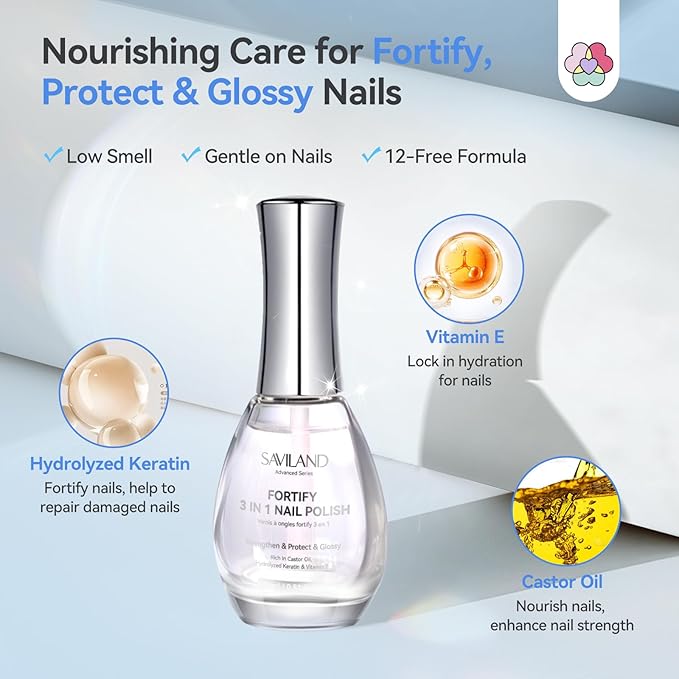 SAVILAND 3-in-1 Base & Top Coat & Nail Strengthener: 15ml Quick Air Dry Clear Nail Polish Nail Strengthener and Growth for Damaged Nails Nail Treatment Glossy Regular Nail Lacquer Women Gift