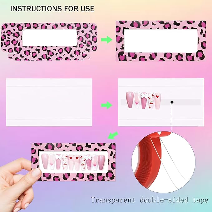 74PCS Press on Nails Packaging Box Set Includes 35PCS Empty Nail Package Box 35PCS White Background Paper 1 Double Sided Tape and 3 Thank You Stickers for Press on Nail Business (Pink Leopard)