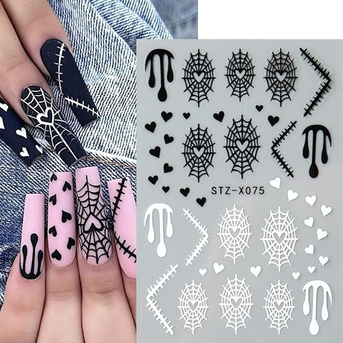 8 Sheets Halloween Nail Decals Black White Ghost Spider Web Nails Sticker Cute Pumpkin Skull Nail Art Decal Self-Adhesive Bat Blood Drop Nails Art Stickers for Women Halloween Decor