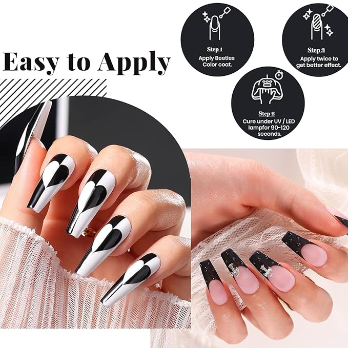 Beetles 3 Pcs No Wipe Gel Top Coat Base Coat & Black Gel Nail Polish Set, Shine Finish and Long Lasting, Soak Off LED Lamp Base Top Uv Lamp Nail Art Manicure Gifts for Women