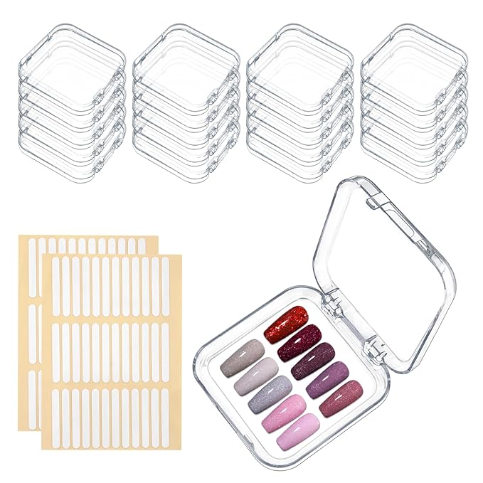 20Pcs Press On Nail Storage Box with 72Pcs Adhesive Double Sided Tape, Press on Nail Packaging Supplies False Nails Display Storage Cases Boxes Organizer for Nail Art Salon Business(Clear)