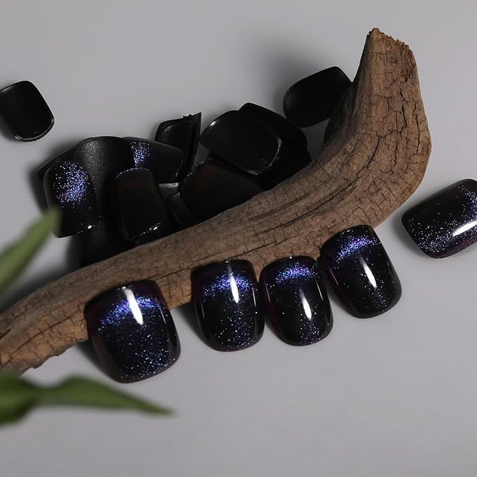 Purple Press On Nails Short Square – Light Dancer Magnetic Cat Eye Nails with Shimmering Motion Curve, Glossy Gel Finish, Reusable Glue On Fake Nails for Women, Amethyst Waltz