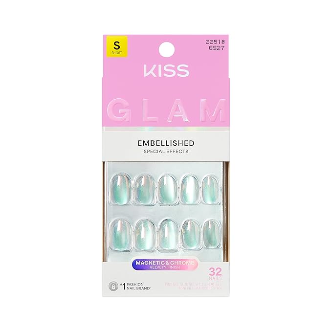 KISS GLAM, Press On Nails, Nail glue included, 'Celestique', Blue, Short Size, Round Shape, Includes 32 Nails, 2g Glue, 1 Manicure Stick, 1 Mini File