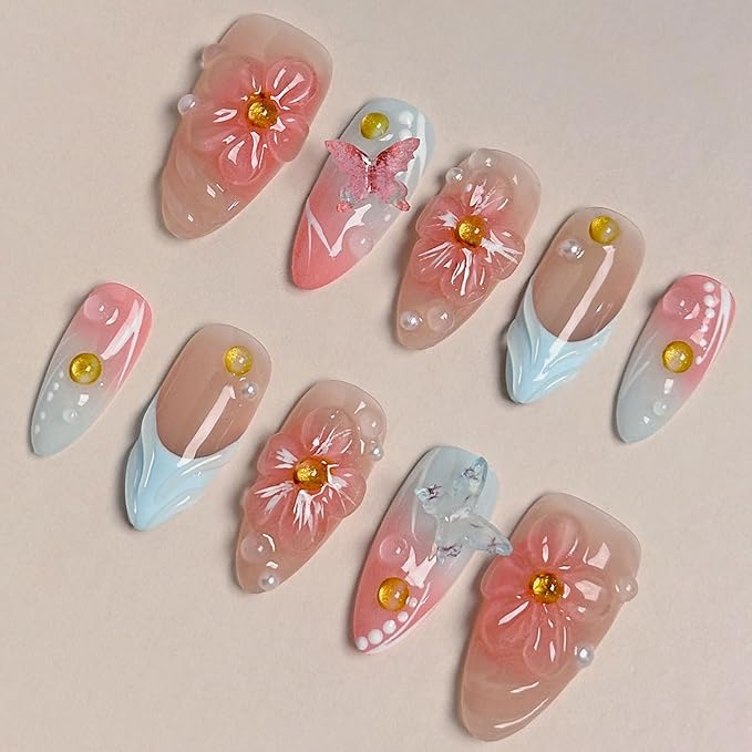 Blue French Press on Nails Handmade Medium Almond Nails with Glue,Nude Fake Nails with 5D Flower Art ＆ Butterfly Charm Design Muti-Layer Gel Handmade Nail Nature False Nails for Wome (Size S)