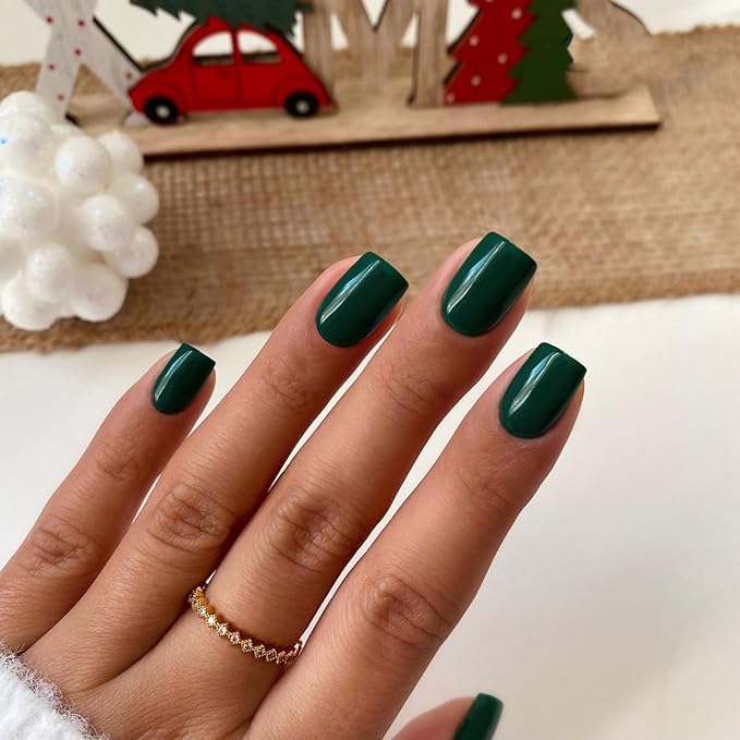 Dark Green Press On Nails - Short Square Natural Gel Nails Glue On Acrylic Press Ons Emerald 48Pcs Thick Reusable Fake Nails for Women Coffin Artificial Solid Color Square Nails