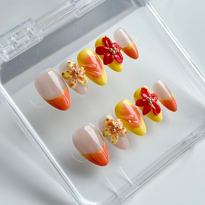 Luxury Press on Nails Short Almond Handmade 3D Unique Reusable ABS Material Fake Nails French Tip False Nails with Designs Flower Yellow&Pink Glossy Glue on Nail Thick Acrylic Nail(S)