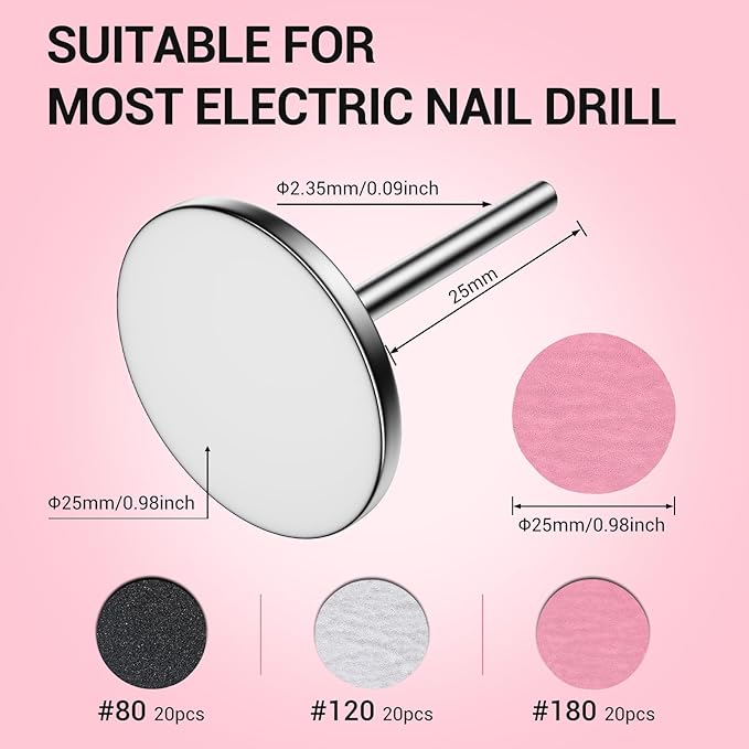 MelodySusie 60 Pcs Replacement Sandpaper Discs with 25mm Metal Nail Drill Bit, 80 Coarse 120 Medium 180 Fine Grit for Electric Foot File Callus Remover Tool or Polishing Craft