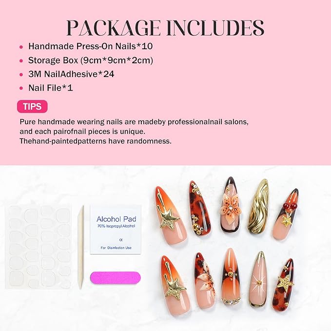 Handmade Press on Nails Thickened Salon Quality Fake Nails with Luxury 3D Flower Stars Cherry and Rhinestone Designs Gradient French Tip False Nails Long Almond Acrylic Nails for Women（Size S)