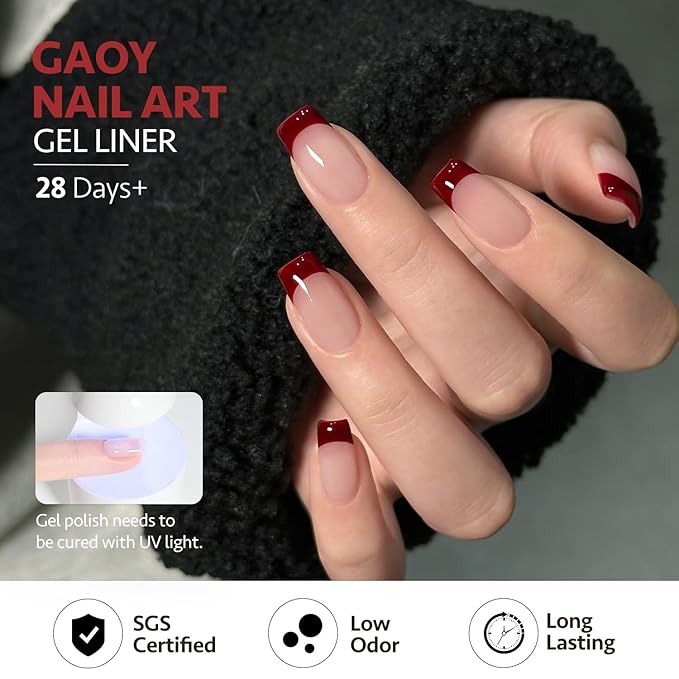 GAOY Red Swirl Gel Nail Polish Art Liner, 12ml Dark Red Color Nail Paint Design with Thin Brush, UV Light Cure for DIY French Manicure at Home