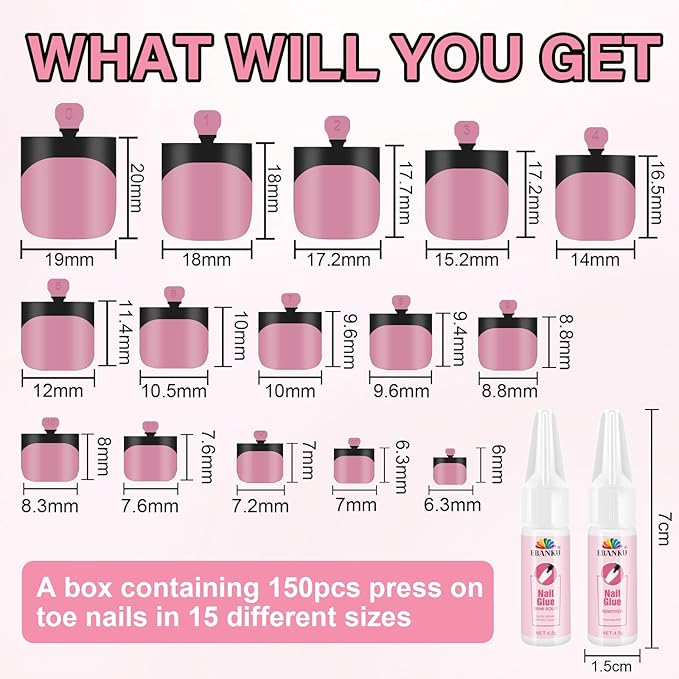 Black French Tip Toe Nail Tips Press on, EBANKU Berry Pink Sharp Square Pre-Designed Soft Gel False Toenail Extension with Nail Glue& Nail Remover, 15 Sizes 150 pcs