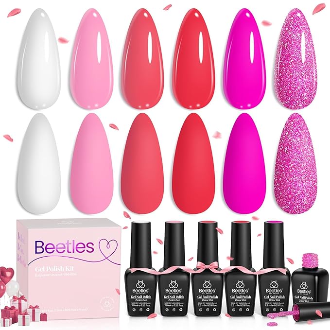 Beetles Hot Pink Gel Polish Set - 6 Colors Pink Gel Nail Polish Rose Red Nails Kit Nail Polish Collection Pink Glitter Gifts for Women Soak Off Uv Nail Lamp Manicure Kit