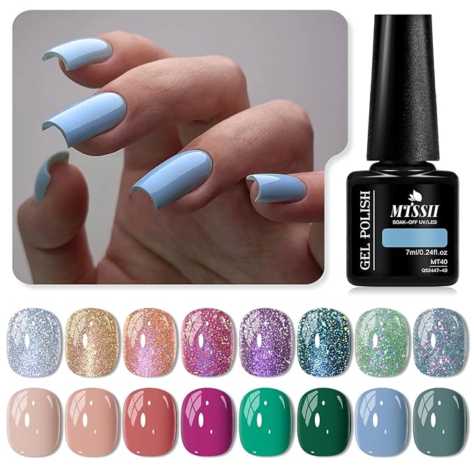 MTSSII Nude Pink Rose Red Green Blue Gel Nail Polish 18 Pcs Set Silver Yellow Pink Purple Glitter Gel Nail Polish with Base Gel Set Glitter Polish Kit for DIY Nail Art Women Gifts