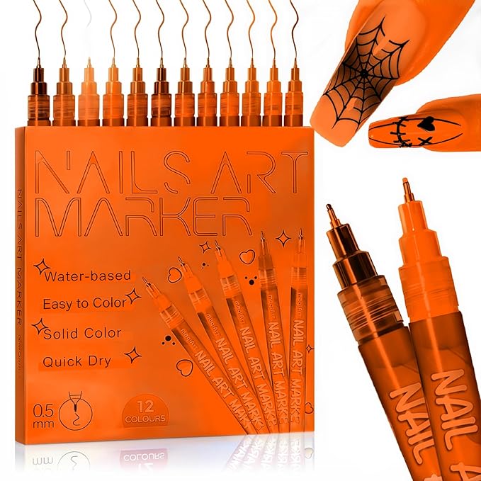 12 Colors Nail Art Pens Set, 0.5mm Fine Tip Nail Art Markers, Quick-Dry & Waterproof Nail Polish Pens for DIY Nail Art, Drawing, Lining & Manicure Design