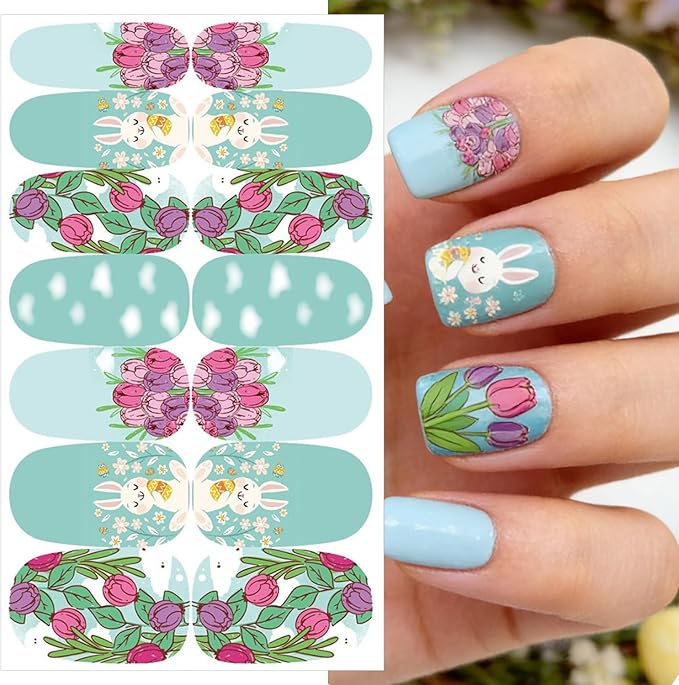 5 Sheets Easter Gel Nail Stickers Cute Rabbit Carrot Nail Polish Strips Colorful Full Wrap Nail Strips Easter Bunny Eggs Nail Strips Stickers Spring Flower Nails Decorations for Women DIY Manicure