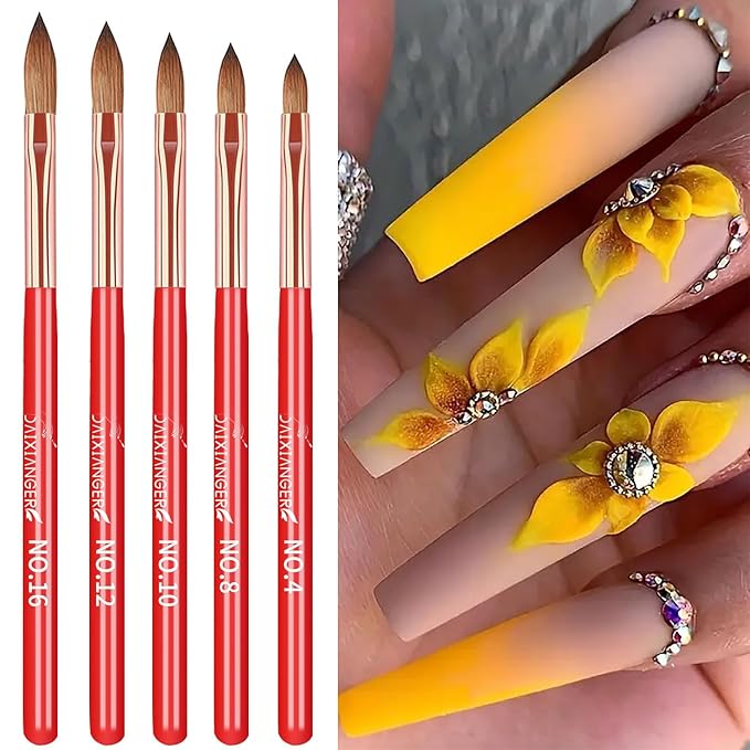 5Pcs New Year Acrylic Nail Art Brush Set -Size 4/8/10/12/16, Red Handle Nail Brushes for Acrylic Application Powder & Nail Extension, 3D Nail Carving Tools for DIY Home Salon Manicure