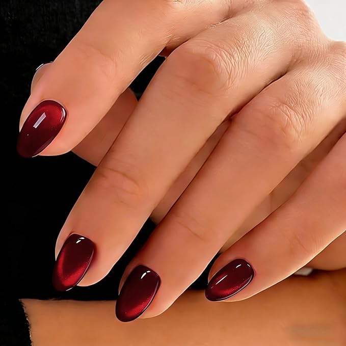 Cat Eye Press on Nails Short, Chrome Press on Nails Oval, Thick Glazed Dark Wine Red Fake Nails Press ons for Women Party Prom, Reusable Magnet Glitter Glue On Nails Almond in 15 Sizes, 30 Pcs