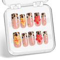 Medium Press on Nails - Handmade Acrylic Square Fake Nails Leopard Print French Tip False Nails with 3D Flower Design Medium Square Nails Press Ons Reusable Full Cover Nail for Women DIY (Size M)
