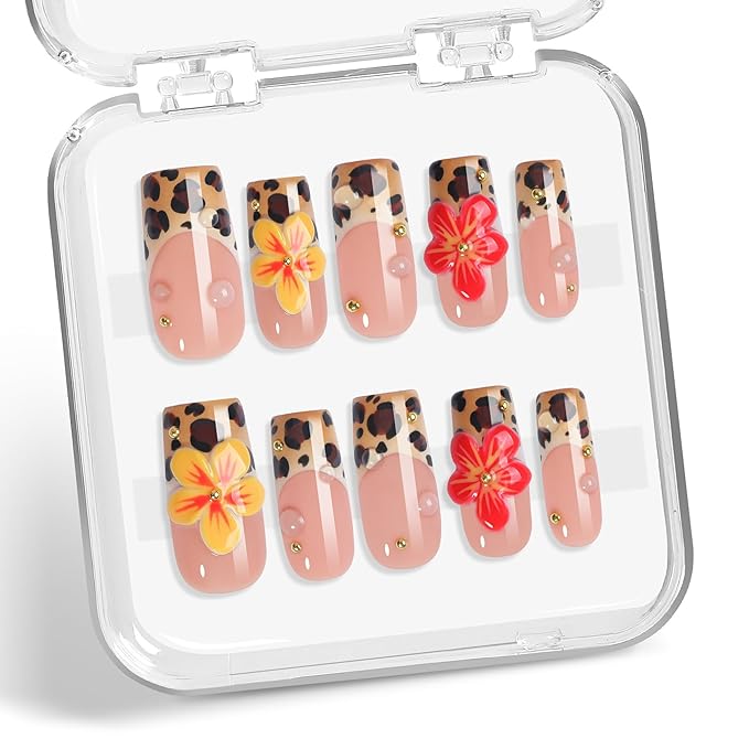 Medium Press on Nails - Handmade Acrylic Square Fake Nails Leopard Print French Tip False Nails with 3D Flower Design Medium Square Nails Press Ons Reusable Full Cover Nail for Women DIY (Size M)