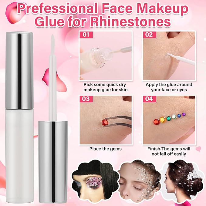 Face Glue with Eye Gems Stickers, 1702 Pieces Self Adhesive Rhinestones Stick on Face Jewels Hair Gems for Face Body Rhinestones for Nail Art Makeup Crafts