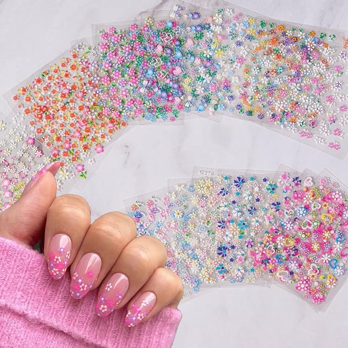 30 Sheets Flower Nail Art Sticker 3D Self-Adhesive Nail Art Supplies Colorful Flowers Rose Daisy Cherry Blossoms Nail Decals Pink Floral Nail Design for Women Acrylic Nails Decoration