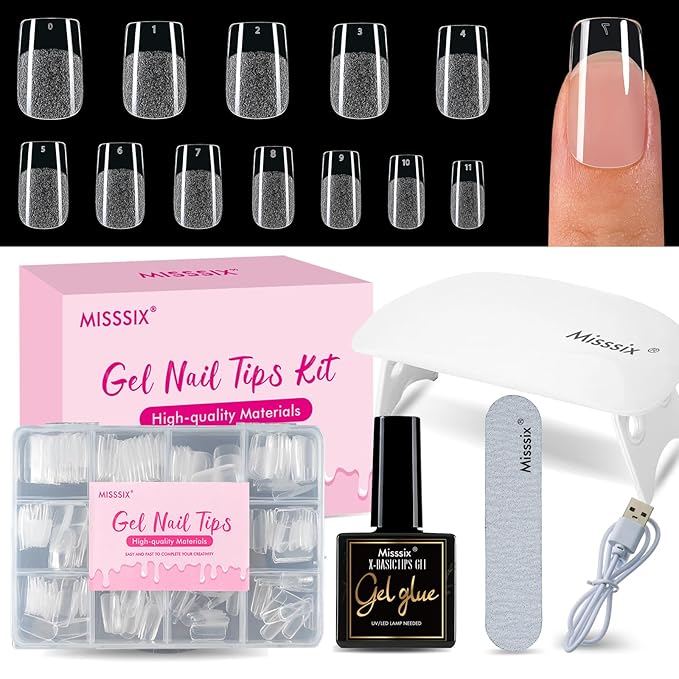 Misssix Short Square Gel Nail Tips Kit, 216Pcs Pre Etched Clear gel x Fake Nails, Full Cover False Nail 9-in-1 Gel Glue and Portable Mini U V Nail Lamp for Women 12 Sizes