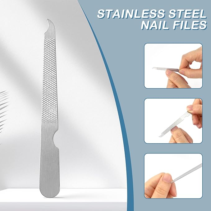 BlingKingdom 3 PCS Stainless Steel Nail File Metal Double Sided Nail File with Curved Sharp Pointed for Salon and Home Manicure Files (Silver)