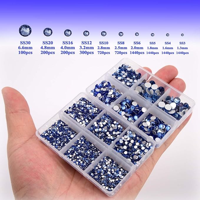 NCB 8000pcs Non Hotfix Rhinestones 10 Sizes Flatback Crystal Glass Rhinestones with Tweezers and Picking Pen for Nail Art Clothes Bags Phone Decorations Crafts DIY (005 Lt. Sapphire Mix SS3-SS30)