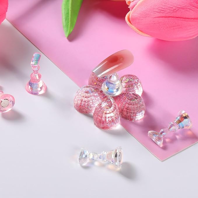 Etercycle Nail Stand Acrylic Nail Art Display Stand Practice Nail Holder for Painting Nails Magnetic Practice Stands with Reusable Putty (Pink Clear)