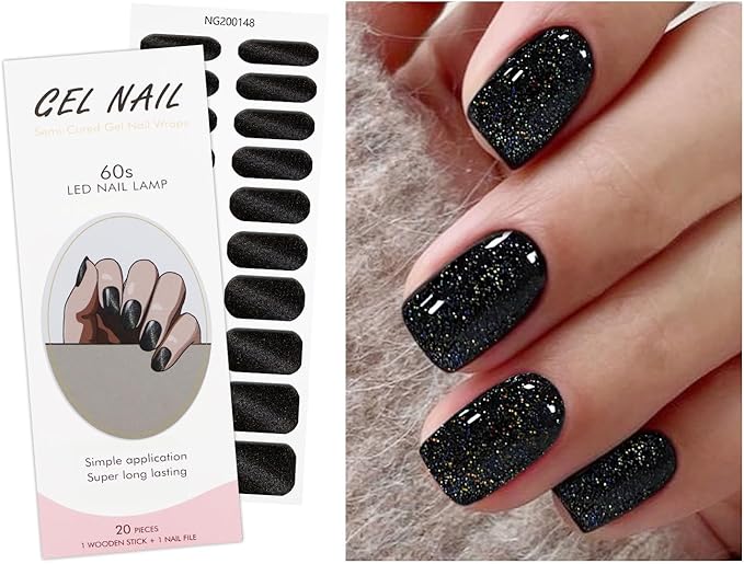 JMEOWIO Gel Nail Stickers Black Cat Eye Semi Cured Gel Nail Strips Wraps UV/LED Supplies Nails Art Design Decoration Accessories