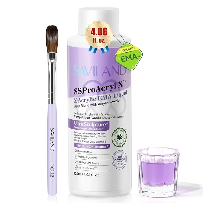 SAVILAND Monomer Acrylic Nail Liquid: 4 oz Acrylic Monomer for Nails Extension with 12# Nail Brush Dappen Dish for Beginners DIY at Home Professional Salon Use