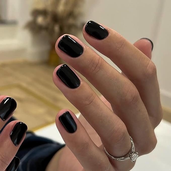 Black Press on Nails Short Square, Natural Short Gel Nails Glue on Acrylic Nails Press ons, 48Pcs Thick Reusable Fake Nails for Women, Short Coffin Artificial Nails New Solid Color Square Nails