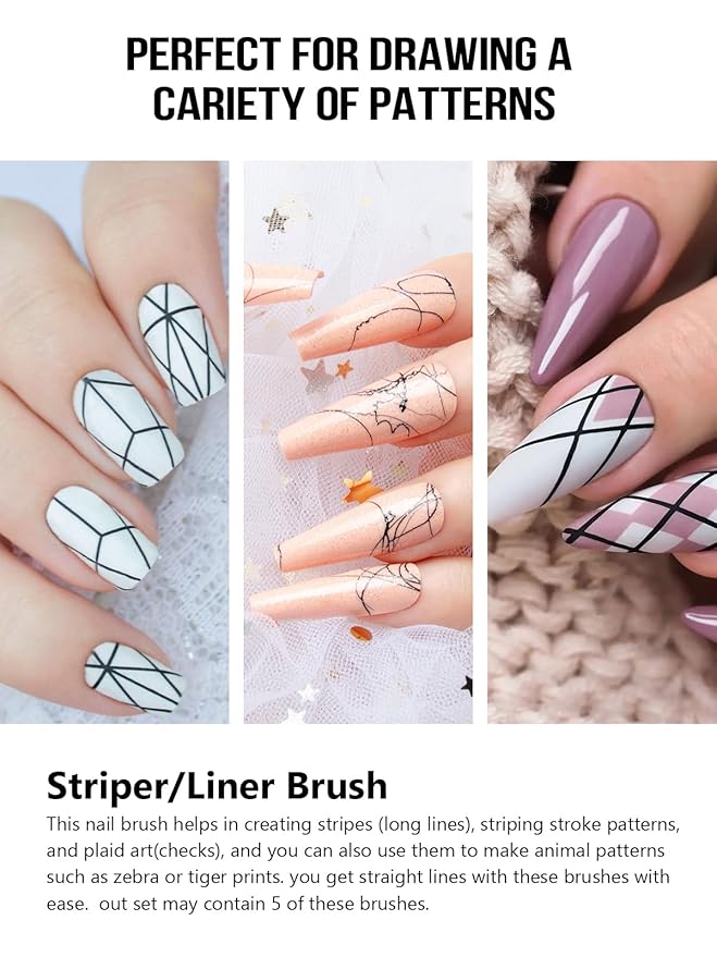 Nail Liner Brush, Fine Line Nail art Brushes 5/9/15/20/25mm Thin Line Nail Brushes Detail Drawing, Liner Brush for Nails Gel (White)