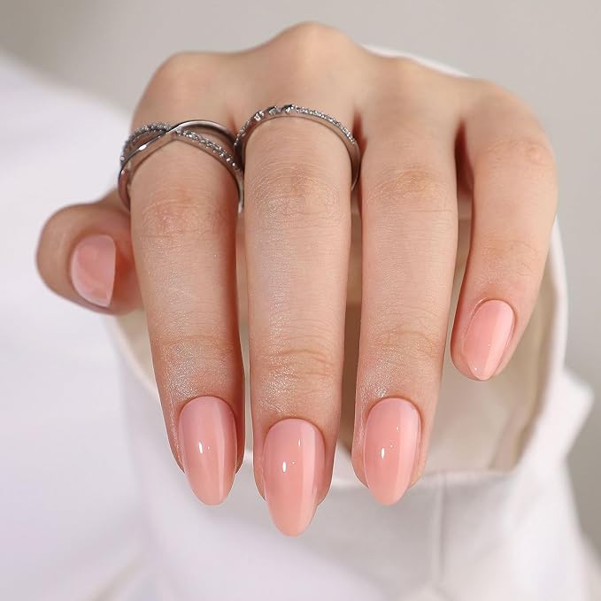 32 Pcs Pink Press on Nails Short Fake Nails Almond False Nails with Solid Color Designs Glossy Acrylic Nails with Glue on Nails Full Cover Salon Quality Stick on Nails Kit for Women DIY Manicuare