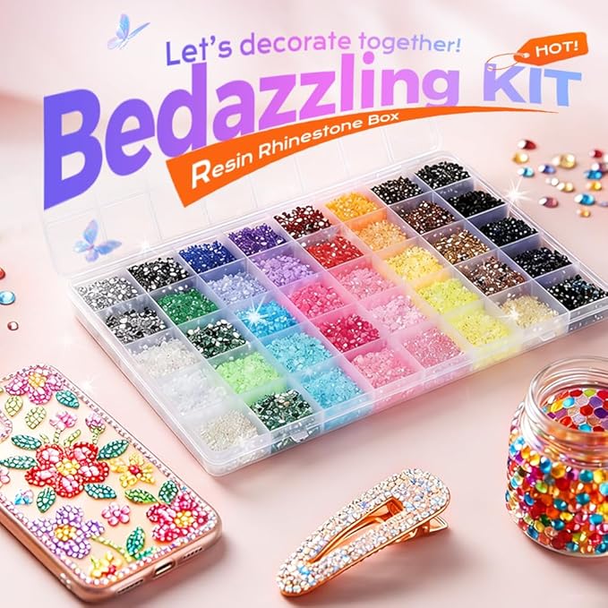 Colorful DIY Resin Rhinestone Kit for Bedazzling, Resin Jelly Rhinestones for Bedazzling, Multicolor 3mm Flatback Gems for Diamond Art 3Pcs B7000 Jewelry Glue for Bedazzled Nail Art (24000)