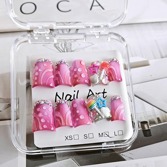 10 Pcs Handmade Acrylic Press on Nails Short Duck Fake Nails with Design 3D Rhinestone Curve Charms Glue on False Nails Artificial Full Cover Handmade Nails for Women - Size M