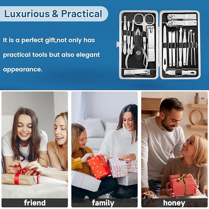 Manicure Pedicure Kit, Nail Clipper Tools Set Exra Thick Personal Care Women’s Grooming Kit Christmas Gifts for Men Husband Boyfriend Parent Nail Care Tools with Travel Case pack of 19