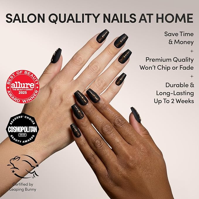 Glamnetic Press On Nails - Rosy Remains | Charcoal Gray 3D Skeleton Medium Coffin Fake Nails with Matte Finish, Salon Quality Halloween Nails | 15 Sizes - 30 Nail Kit with Glue