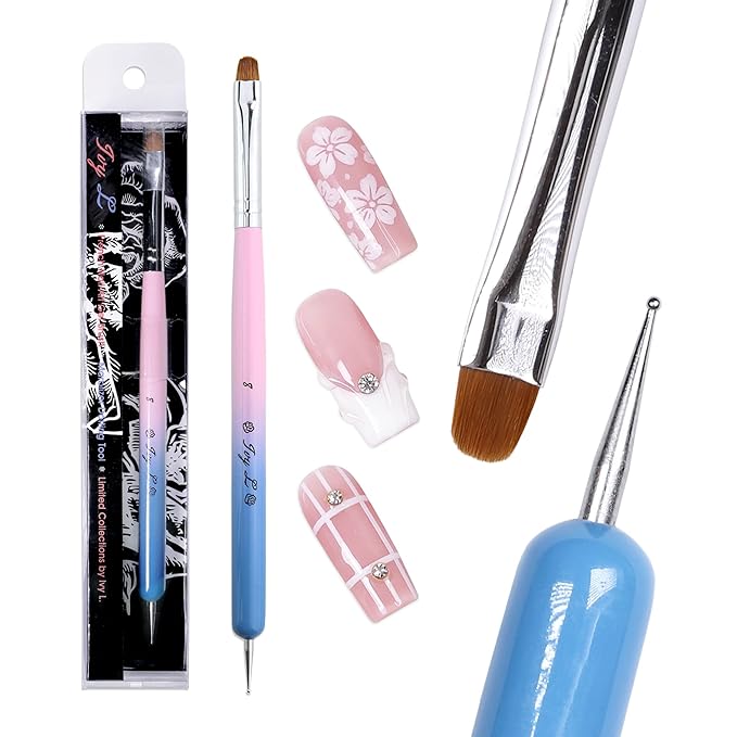 Ivy-L Premium 2 Way French Gel Acrylic Nail Art Kolinsky Brush With Dotting Tool for Professional Manicure Cuticle Clean Up Nail Art Design, Pink Blue Wood Handle (Size 8)