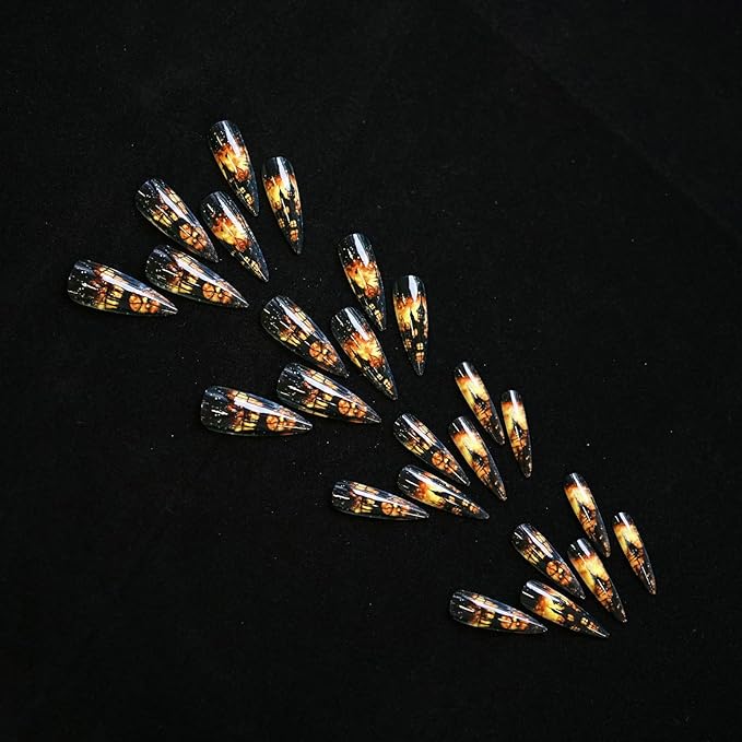 24 Pcs Halloween Long Stilettos Press on Nails, Full Cover Glossy Fake Nails, Flame & Ruined Castle Designs False Nails, Acrylic Stick on Nails for Women Nail Art