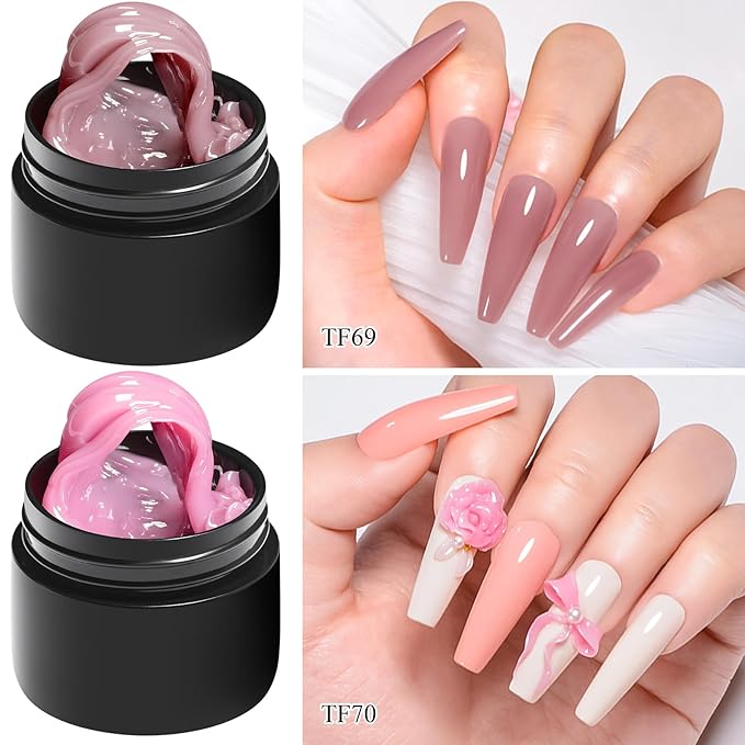 MEET ACROSS All-in-One Extension Mini Kit 2×7ml Non-Sticky Builder Gel Starter Kit WIth Base & Top Coat/Dual-Silicone Pen/Pro File/20-Pc Reusable Dual Forms Salon-Grade Extensions (Nude+Pink)