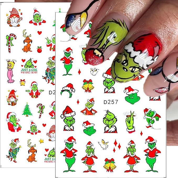 12Sheets Christmas Nail Art Stickers Green Fun Cartoon Santa Claus Designs Nail Decals Xmas Tree 3D Self-Adhesive Winter Holiday Nail Decoration Xmas DIY Manicure Accessories Supplies for Women Kids