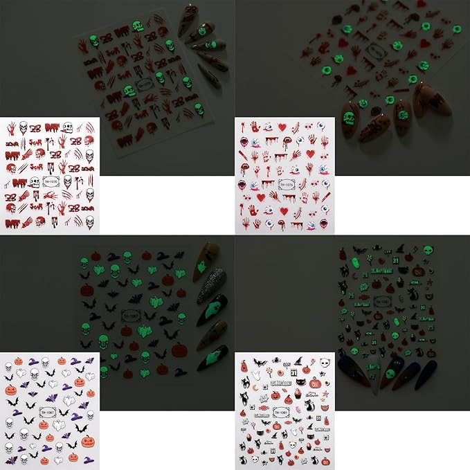 12 Sheets Halloween Nail Art Stickers Decals Glow in The Dark, Cute Spider Web Pumpkin Ghost Skull Bat 3D Design Self-Adhesive Nail Art Decals, DIY Manicure Decoration Supplies for Women Kids