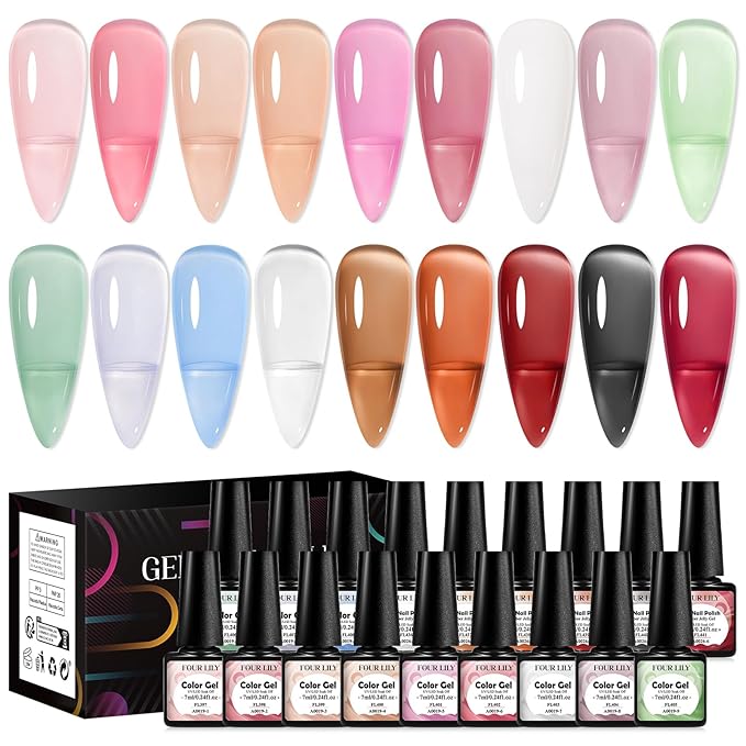 Jelly Gel Nail Polish Set, 18 Colors Translucent Nude Pink Milky White Red Gel Polish Sheer Crystal Ice Nail Polish Set for Nail Salon DIY Home Holiday Gifts for Her