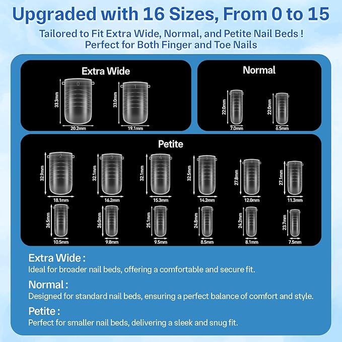 Straight Polygel Dual Wide Toe Nail Forms for Poly Gel Extensions, Larger Flat Full Cover Molds for French Toenail, Press on Toenails for Women Extensions Home DIY Nail Salon 160PCS 16Sizes