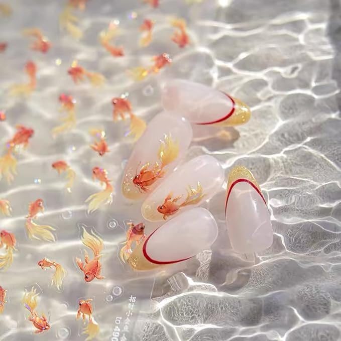Dedyel 5D Embossed Cute Goldfish Nail Art Stickers Cartoon Kawaii Design Anime Self Adhesive Nail Stickers for Women Kids Girls Nails Art Decorations