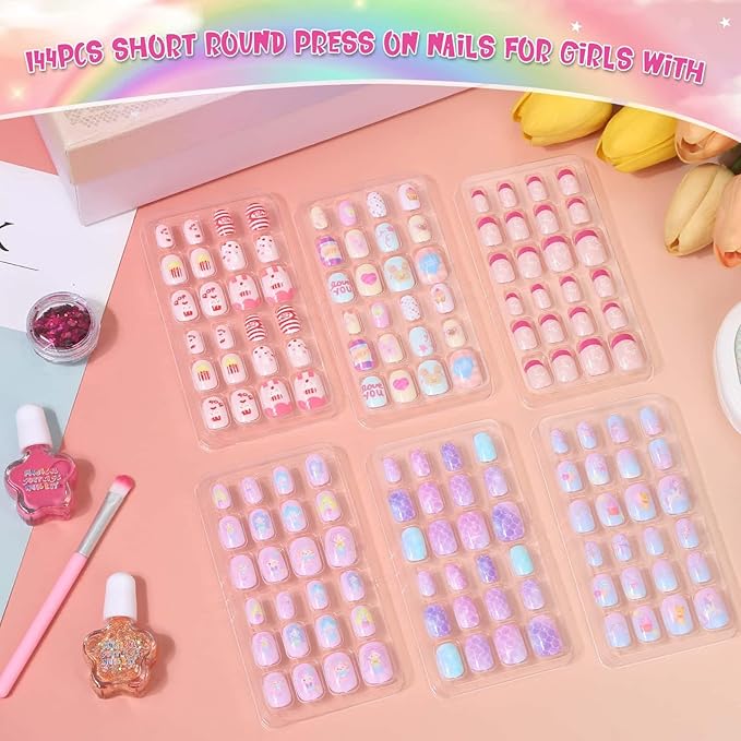 144 Pcs Press on Nails for Girls, Stick On Nails for Kids Short Acrylic Fake Nails Cute Nails Art Stuff for Little Girl 8-10