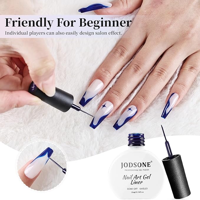 JODSONE Dark Blue Swirl Nail Art Liner Gel Polish,10ml Classic Color 3D Nail Art Pens Effect Nail Print Design with Thin Brush for French Tips Manicure Painting DIY at Home - LB10